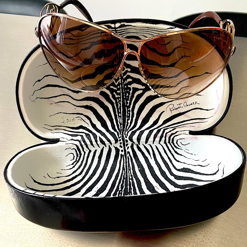 ROBERTO CAVALLI GOLD RIMMED WITH RUBY STONES AVIATOR GLASSES, VINTAGE, NEW